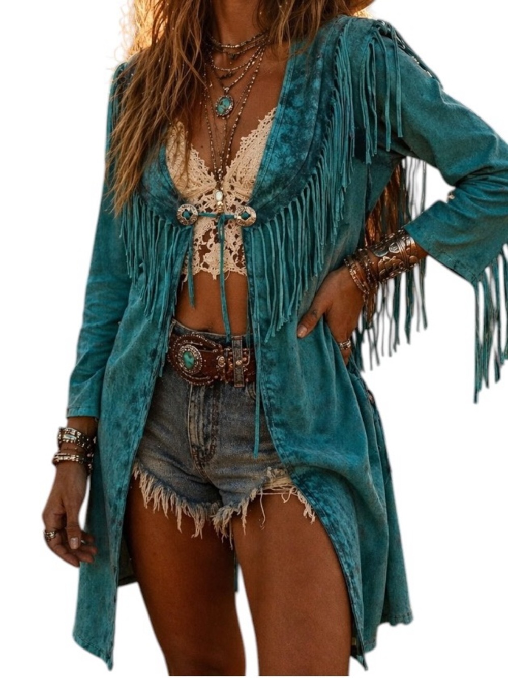 Back In The Saddle Small Turquoise Long Fringe Duster Cardigan Western Festival
